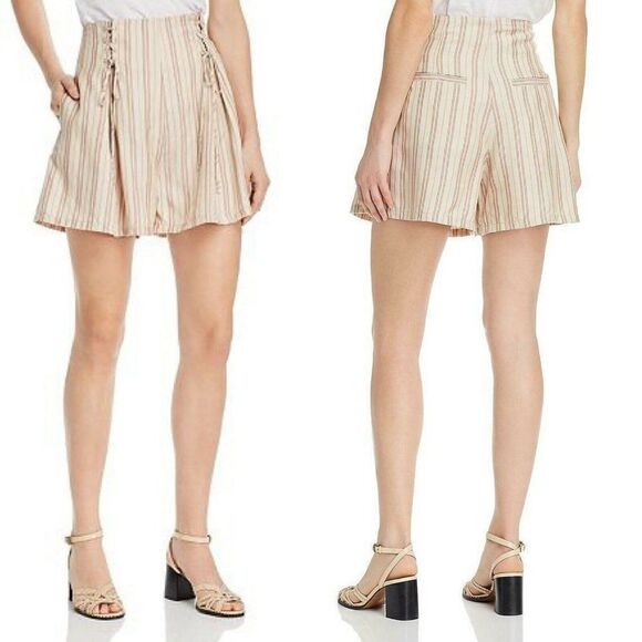 Joie Pleated Lace Up Shorts Womens 6 Tan Striped Box Boseda NEW